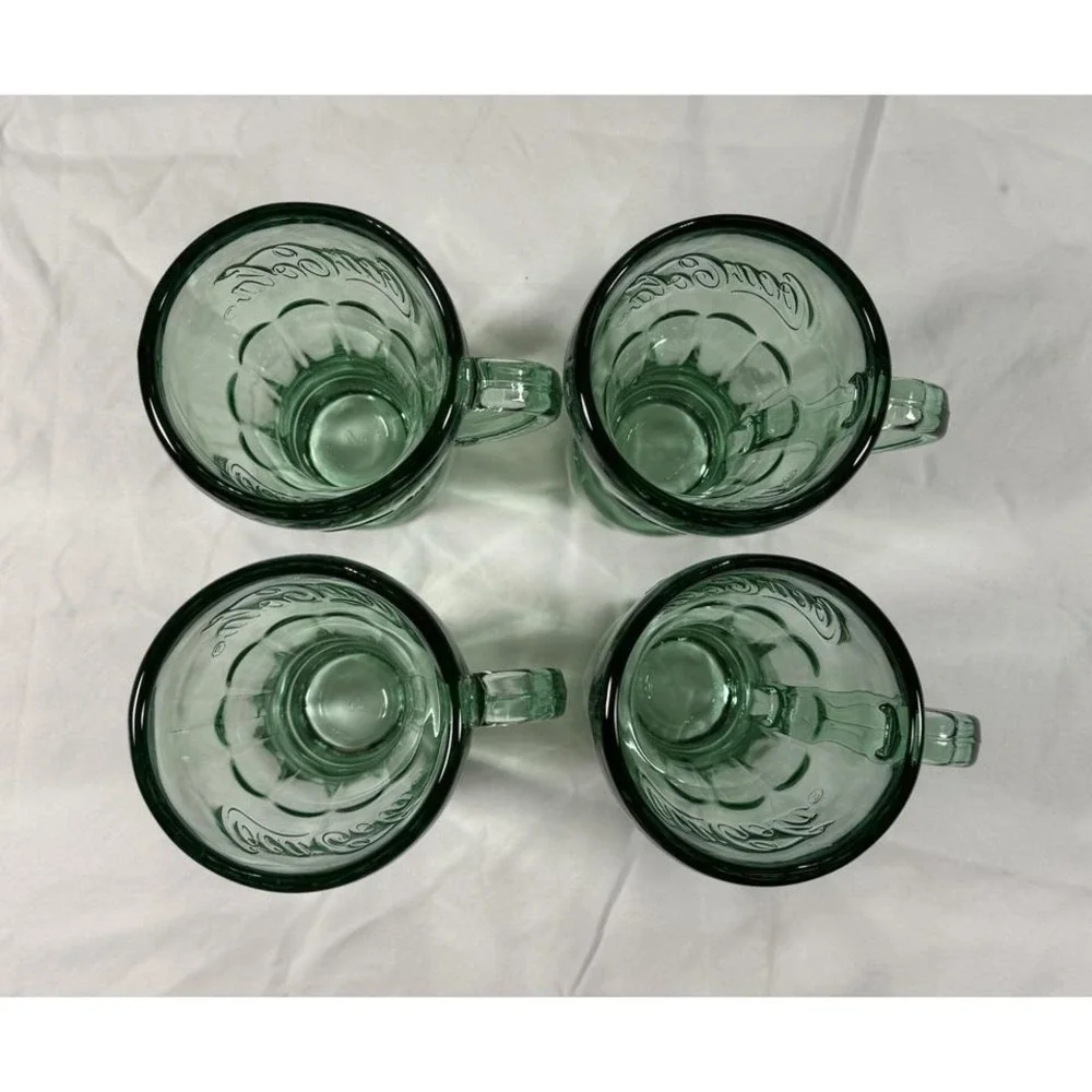 Vintage Coca-Cola Green Glass Latte Mugs Embossed Coke Cups‎ Set of 4